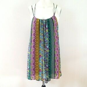 inTu Multi Color Stripe Floral Loose Fit Strap Hi Low Knee Leng Dress, Size S